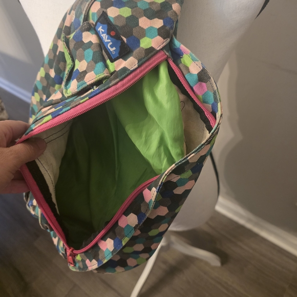 Kavu Hex Pattern Sling Bag in Green, Blue, Tan & Pink - Picture 3 of 3
